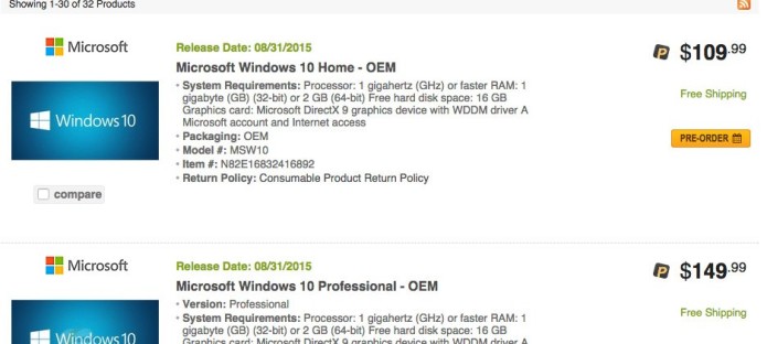Windows 10 OEM Pricing and Release date spotted on NewEgg