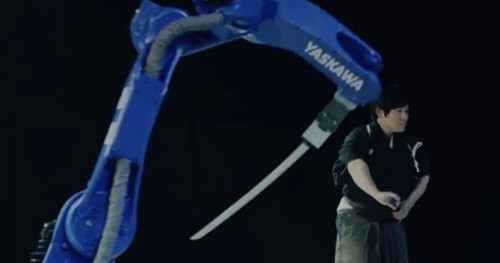 Robot and samurai face off in an awesome sword duel