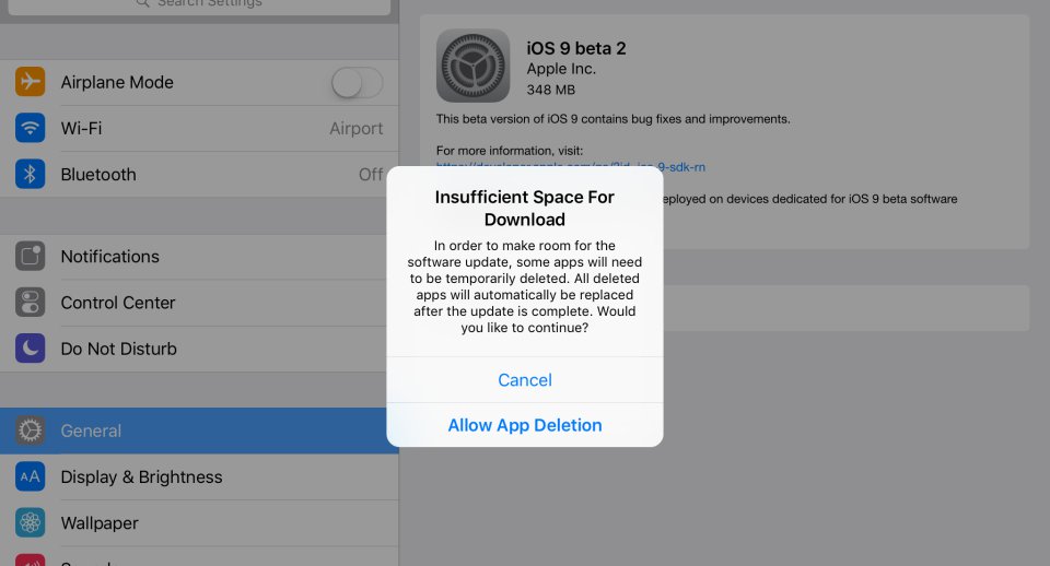 iOS 9 will delete apps to make room for system updates