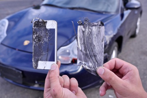 What happens if you replace a Porsche’s brake pads with iPhones? Nothing good.