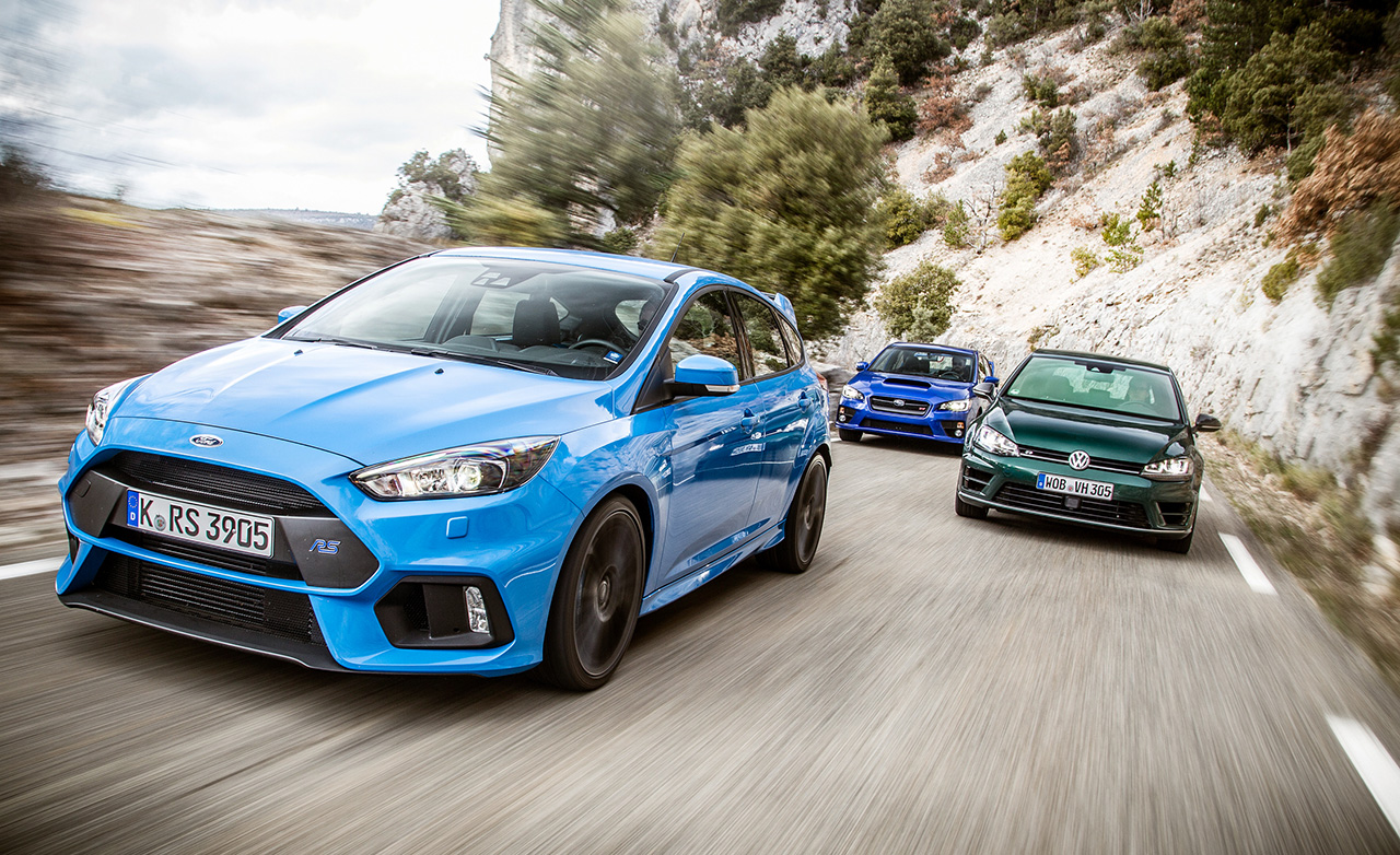 2016 Ford Focus RS, 2015 Subaru WRX STI, and 2016 Volkswagen Golf R