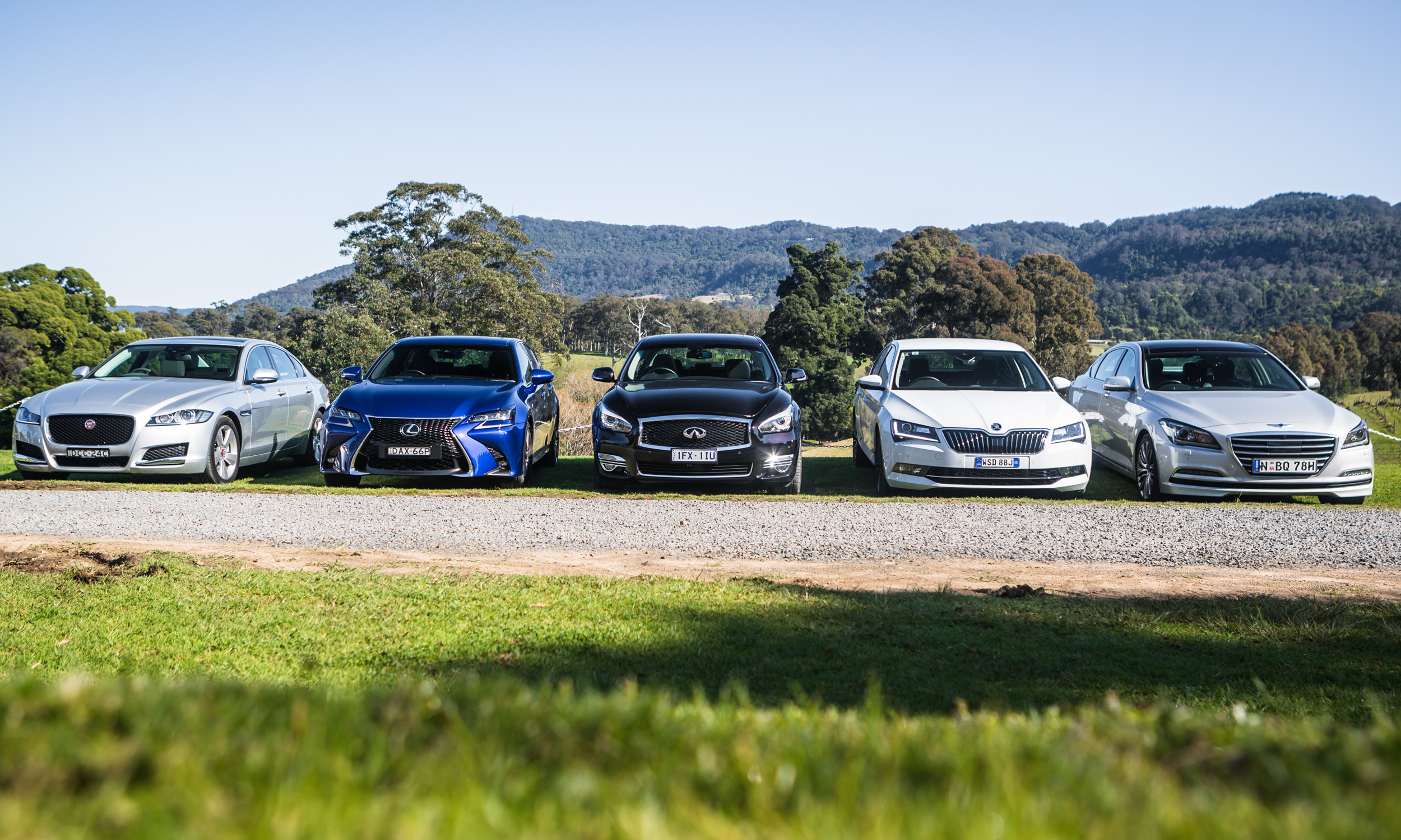 Luxury sedan comparison part one : Hyundai Genesis v Jaguar XF v Infiniti Q70 v Lexus GS v Skoda Superb