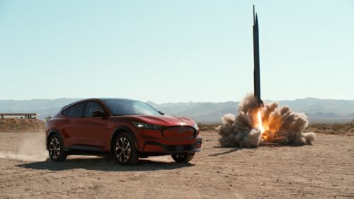 Watch the Ford Mustang Mach-E battle against gravity, lightning, and a freaking rocket
