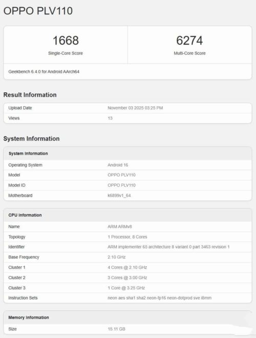 OPPO Reno15 has made an appearance on Geekbench, equipped with Mediatek Dimensity 8450 chip