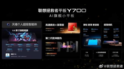 Lenovo Legion Y700 Small Tablet 2026 model is Equipped with Snapdragon 8 Elite Gen5 Chip
