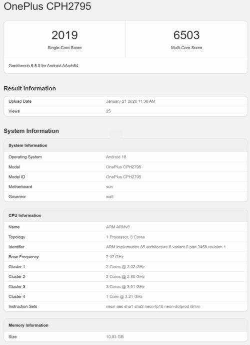 The Benchmark Scores of OnePlus Nord 6 phone have been Revealed: Qualcomm Snapdragon 8s Gen 4 chip, 12GB RAM