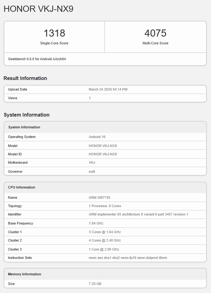 Honor 600 Mobile Phone Benchmark Results Revealed: Snapdragon 7 Gen 4 chip + 8GB RAM