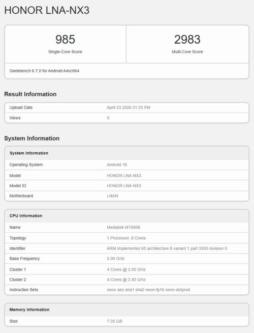 Honor 600e mobile phone Spotted in the Geekbench Benchmark Database: It is expected to be equipped with the Kirin 7100 processor and 8GB of RAM.