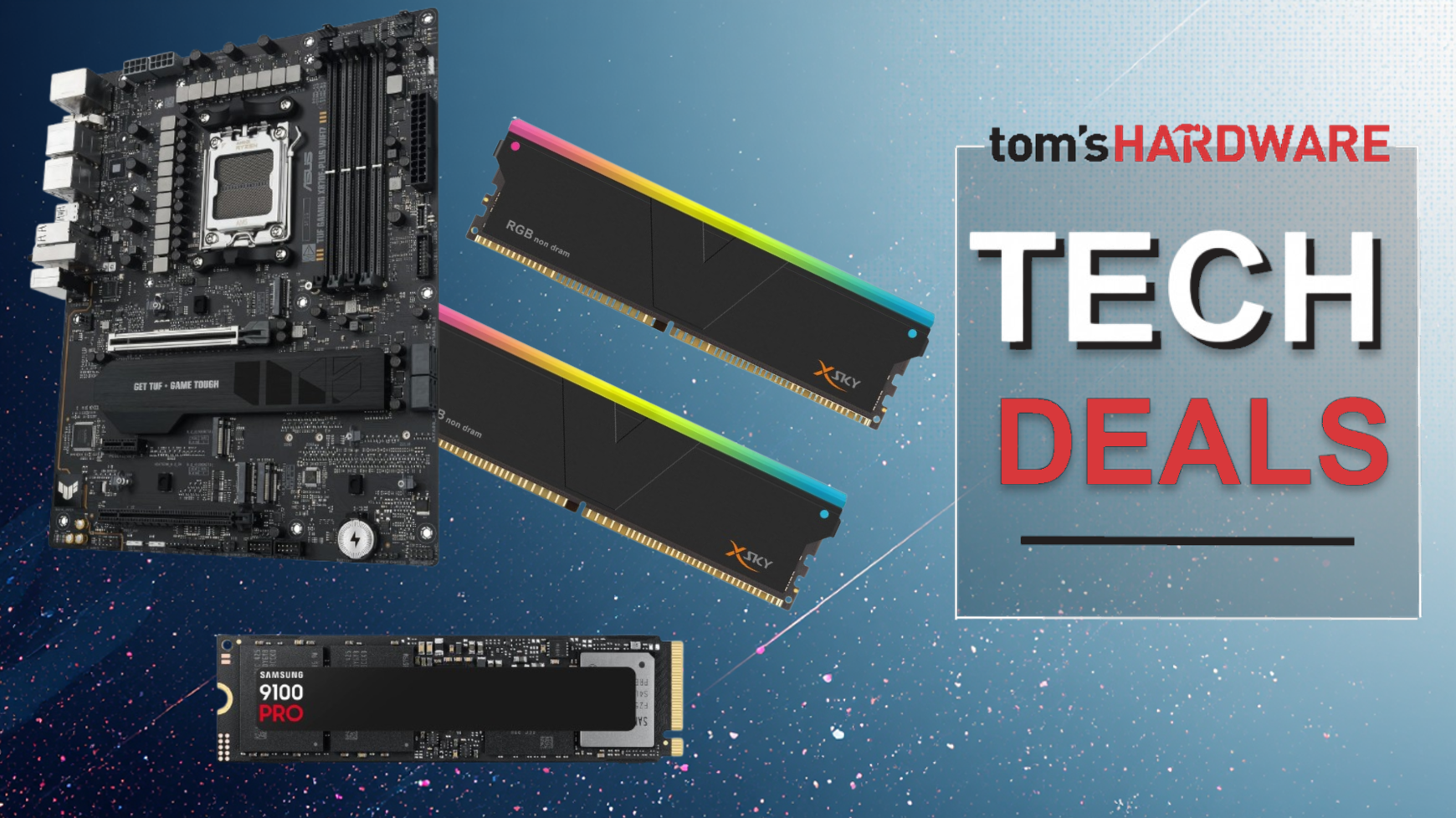 Save $447 on this 3-item combo from Newegg – just $1,082 buys a speedy, huge 4TB Samsung 9100 Pro SSD, 32GB DDR5 RAM, and an Asus TUF Gaming X870E-Plus motherboard during Prime Day sales