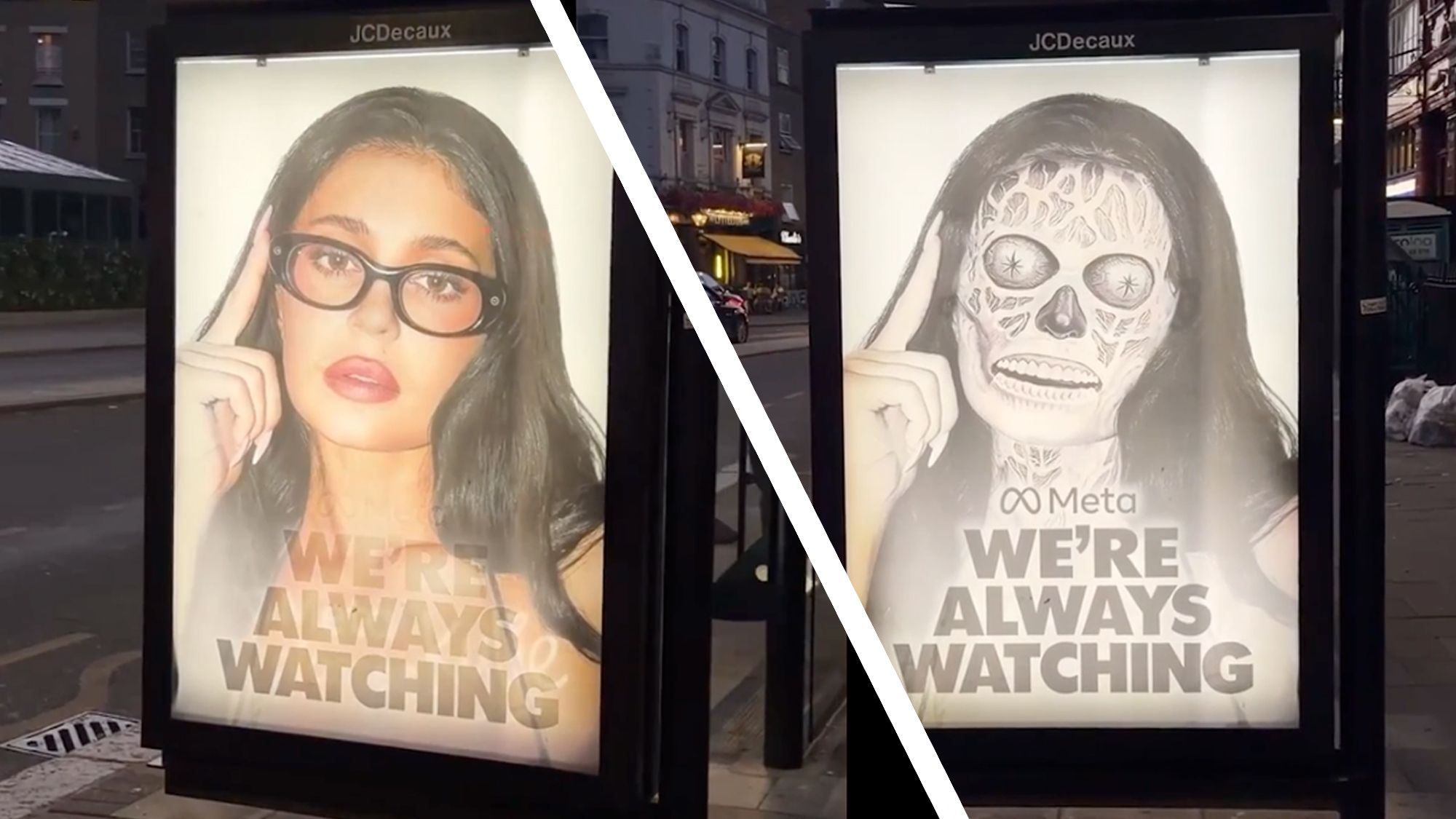 ‘It’s giving fascism, not fashion’: Activists install spoof lenticular ads mocking Kylie Jenner’s Meta glasses at London bus stops, as critics say smart glasses turn you into ‘a walking Flock camera’