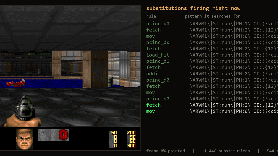 Daring coder gets Doom running with regular expressions at 180 seconds per frame, like playing ‘correspondence chess with a shotgun’ — nearly 14 million substitutions to render a frame at 80,000 substitutions per second
