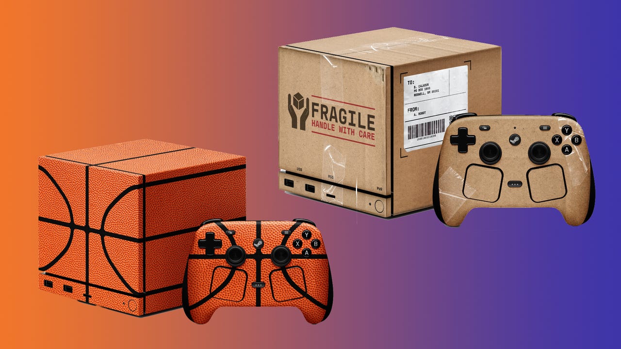Despite the Companion Cube Dustup, Dbrand Is Back With New Steam Machine Skins, Ranging From a Dusty Old PC Look to a Wrap That Looks Like a Basketball