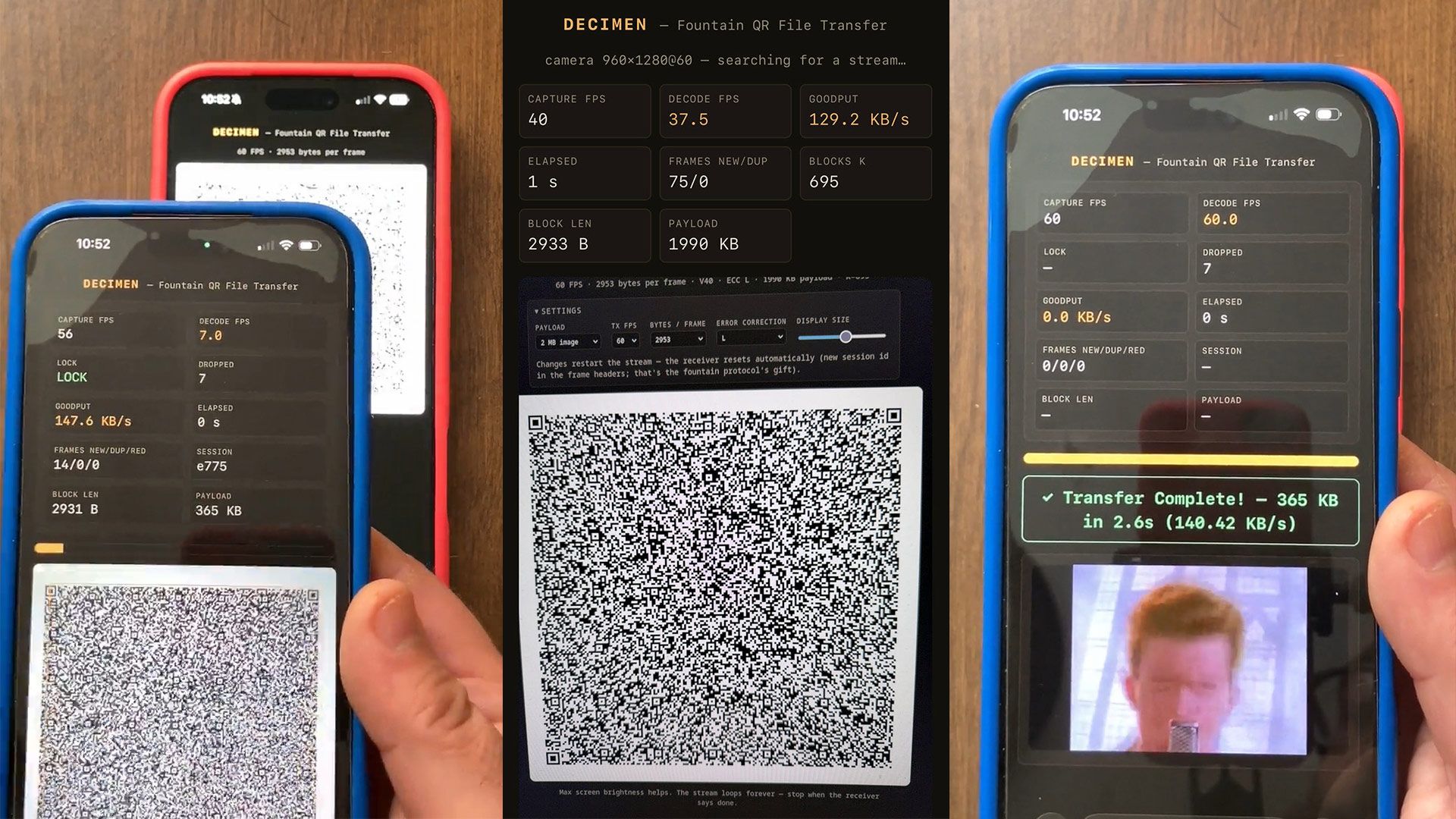 Streaming QR codes at 60 FPS achieves nearly 190 KB/s data rate in phone-to-phone tests — browser-based method requires no app, no networking, no pairing, and no permissions beyond camera access