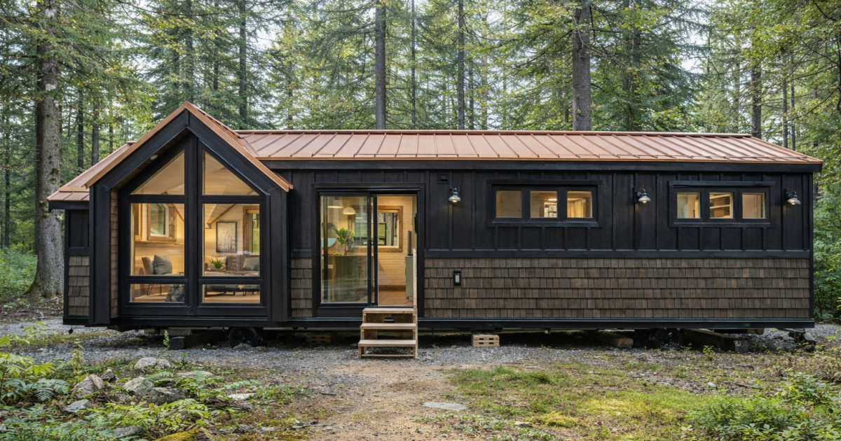 Park model tiny house provides apartment-style living on a single floor
