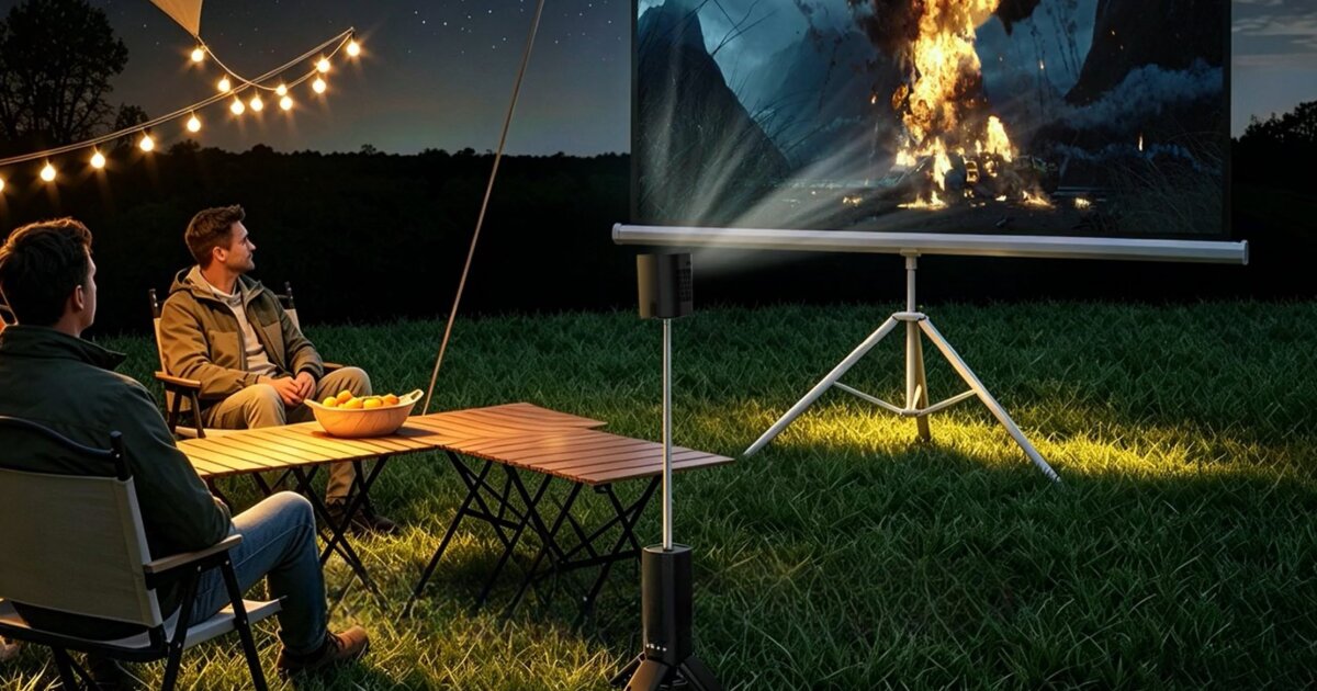 Telescoping 2K projector pops up to play at camp, or at home