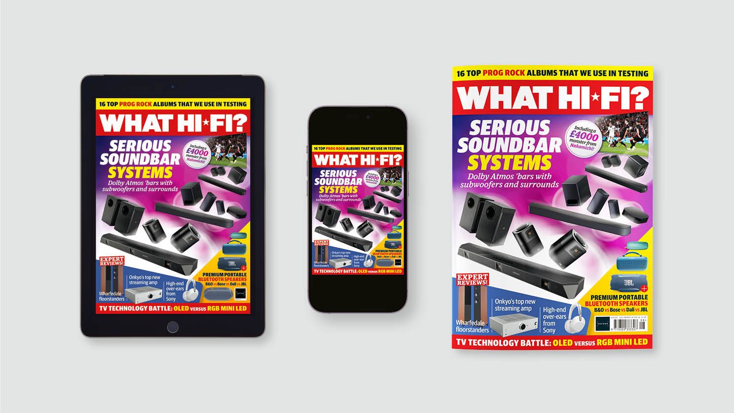 New issue of What Hi-Fi? out now: serious Dolby Atmos soundbar systems, an OLED vs RGB Mini LED TV tech battle and more