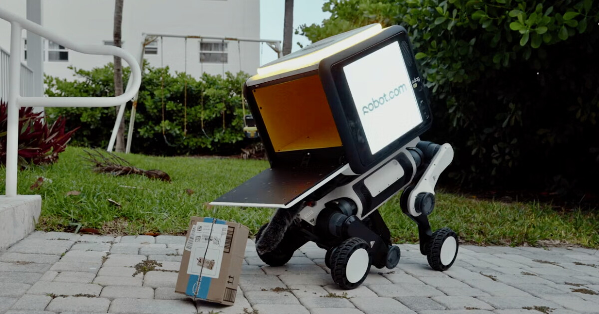Wheel-legged robot dog dumps packages – and ads
