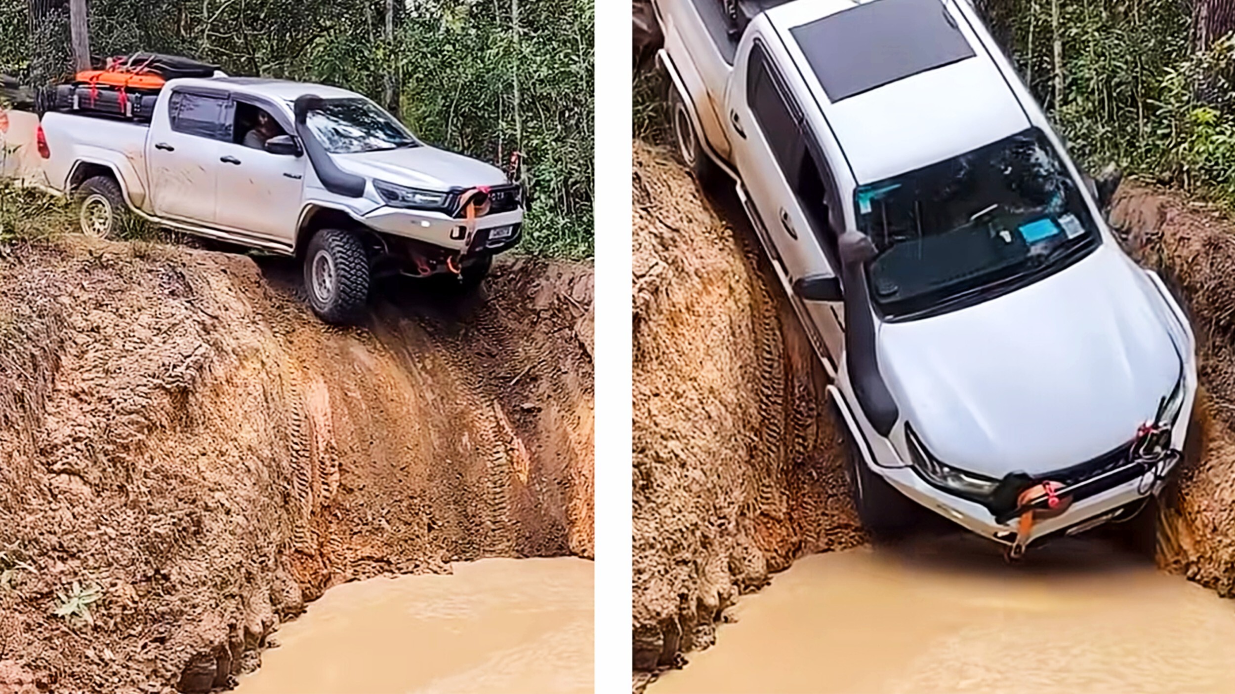 Watch A Loaded Toyota Hilux Drag A Camper Trailer Down A Near-Vertical Mud Wall | Carscoops