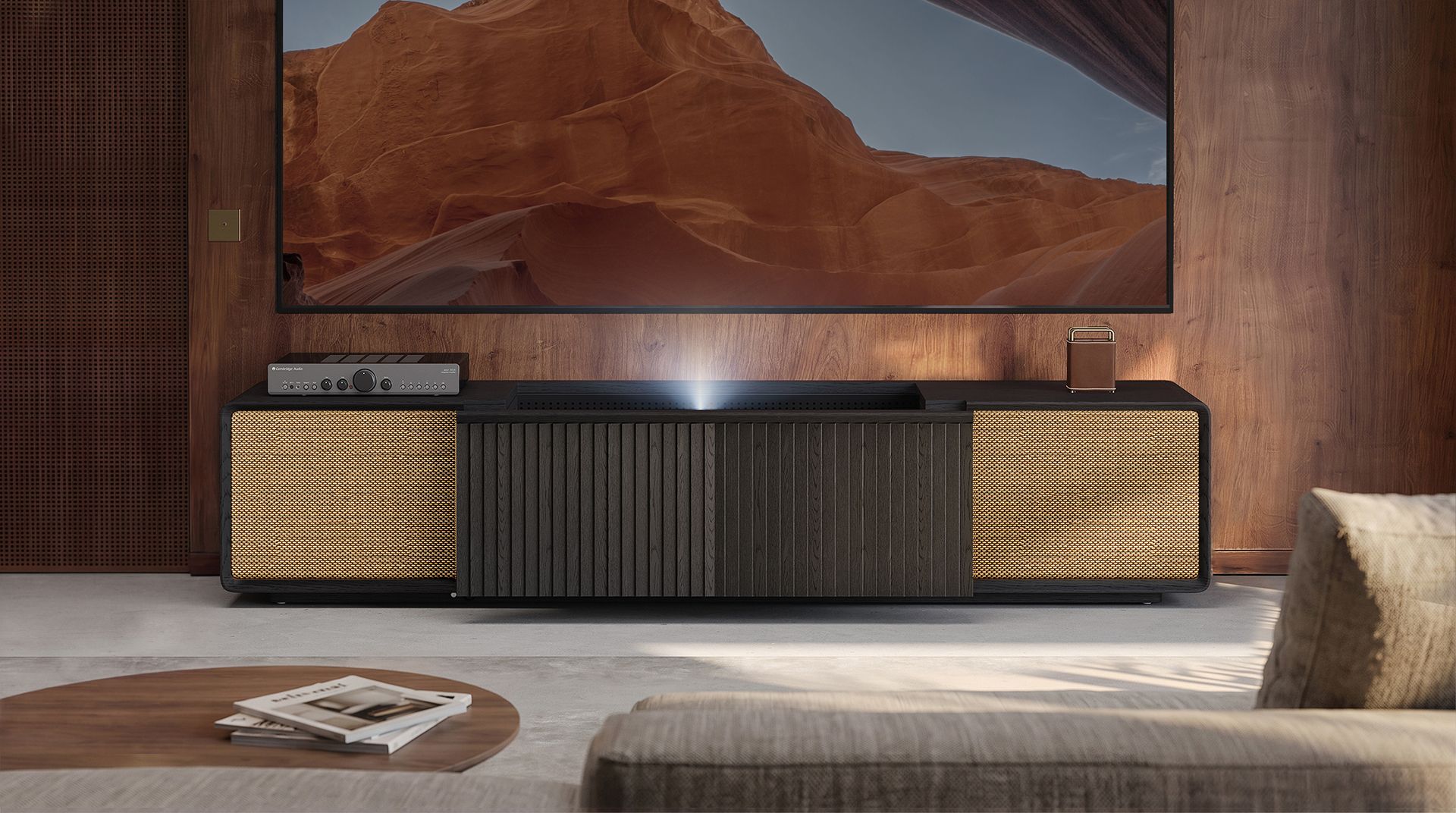 This ultra-premium cabinet is an all-in-one storage solution “engineered to keep your projector at its best”