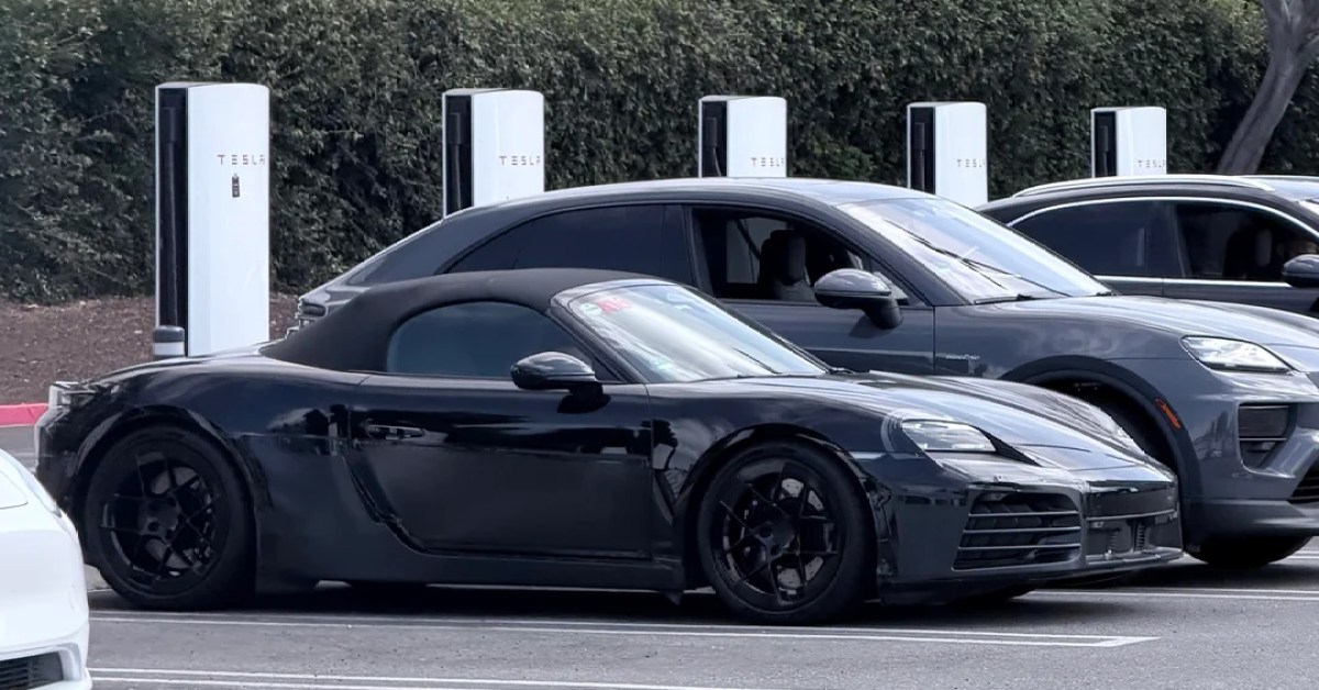 Electric Porsche Boxster spotted plugged in at Tesla Supercharger in California