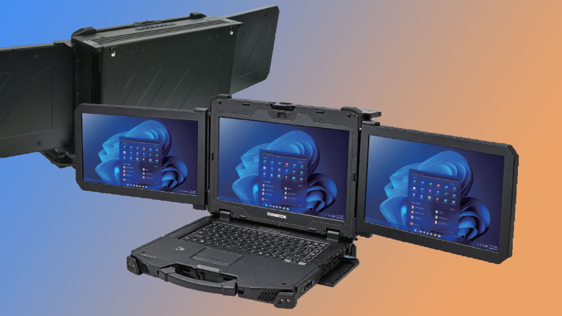 Durabook Z14I-DX3 rugged mobile workstation folds three screens into a 9.8 kg chassis — luggable targets military, emergency services, and field professionals