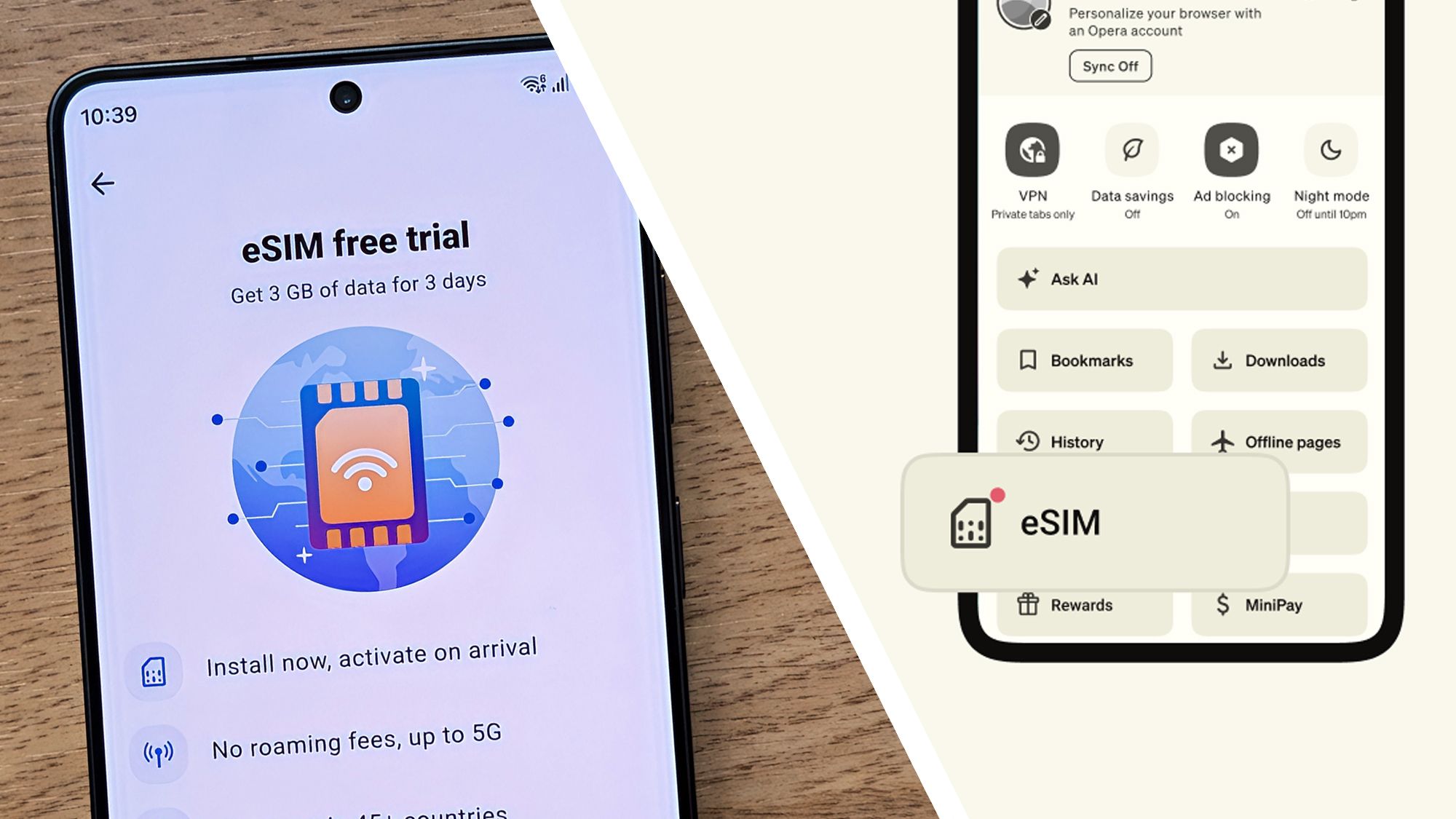 Opera adds free travel eSIM to its Android browser — 3GB data perk works across 47 countries with zero payment details required
