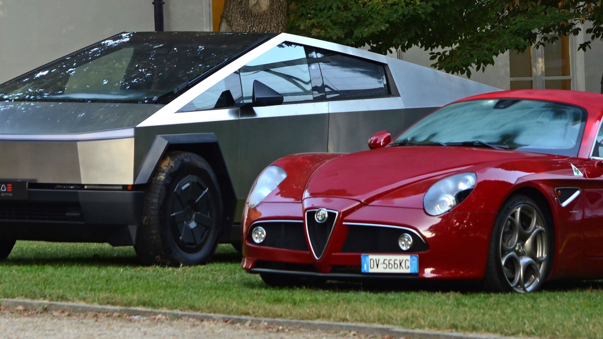 The Beauty And The Stainless Beast: Alfa Romeo 8C Hangs Out With Tesla Cybertruck | Carscoops