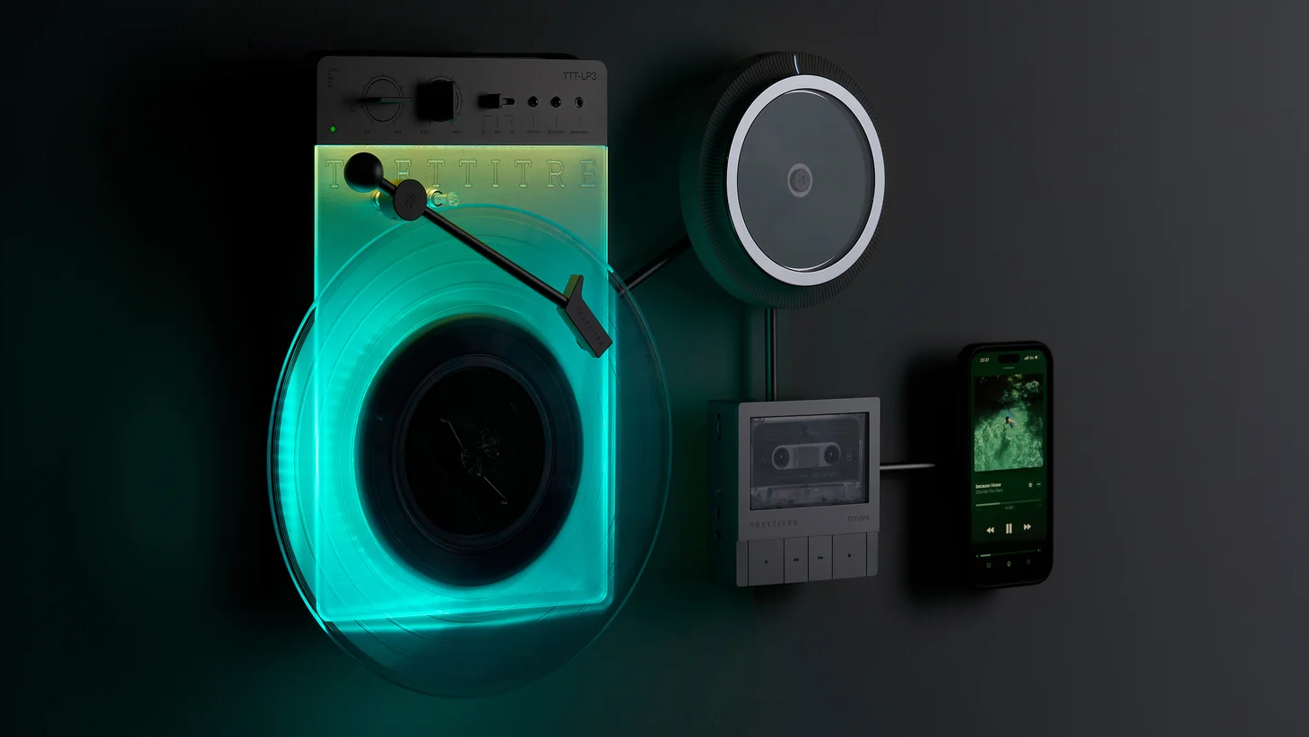 Trettire’s Retro Ambient Audio System offers a full hi-fi system with no wires — wall-mountable vinyl, CD, and cassette players serve as functional decor