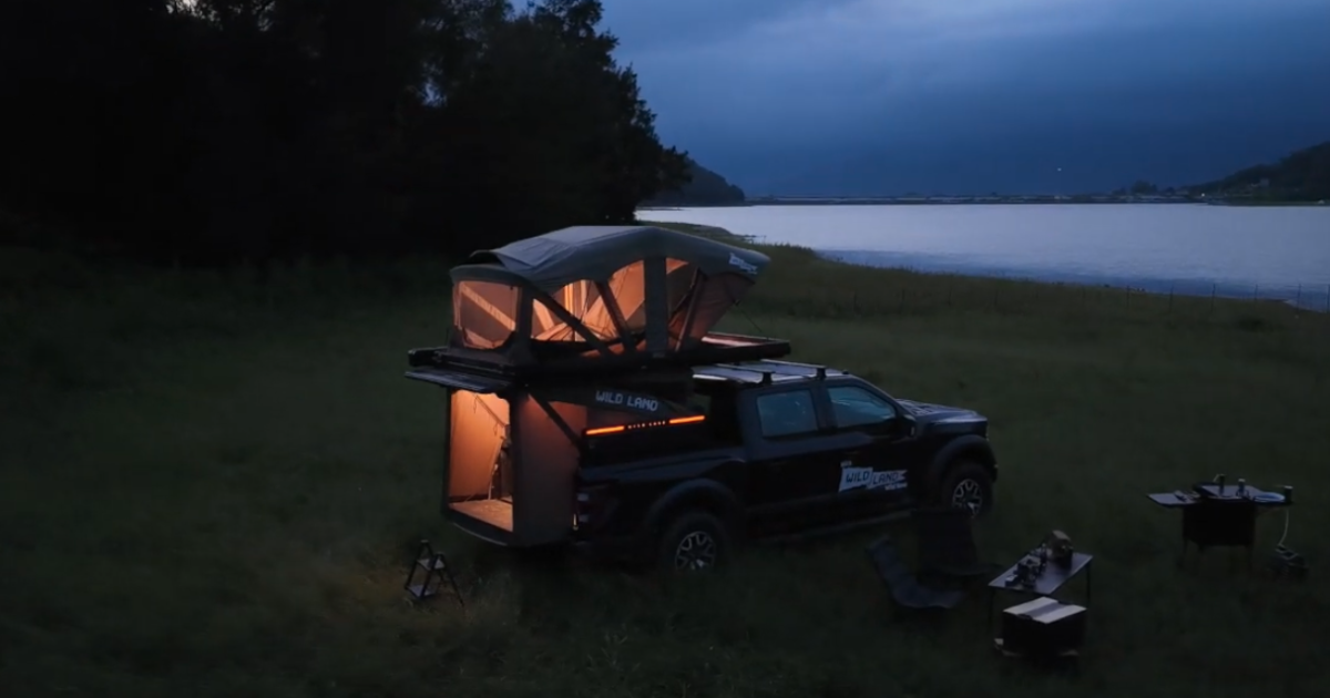 Electro camper trunk beams into a 2-story livable pickup truck mullet